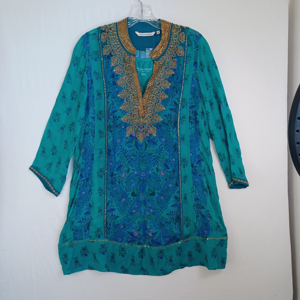 Soft Surroundings Teal Silk Blend Beaded Tunic Top Blue Paisley Boho Womens Sm - Picture 11 of 11